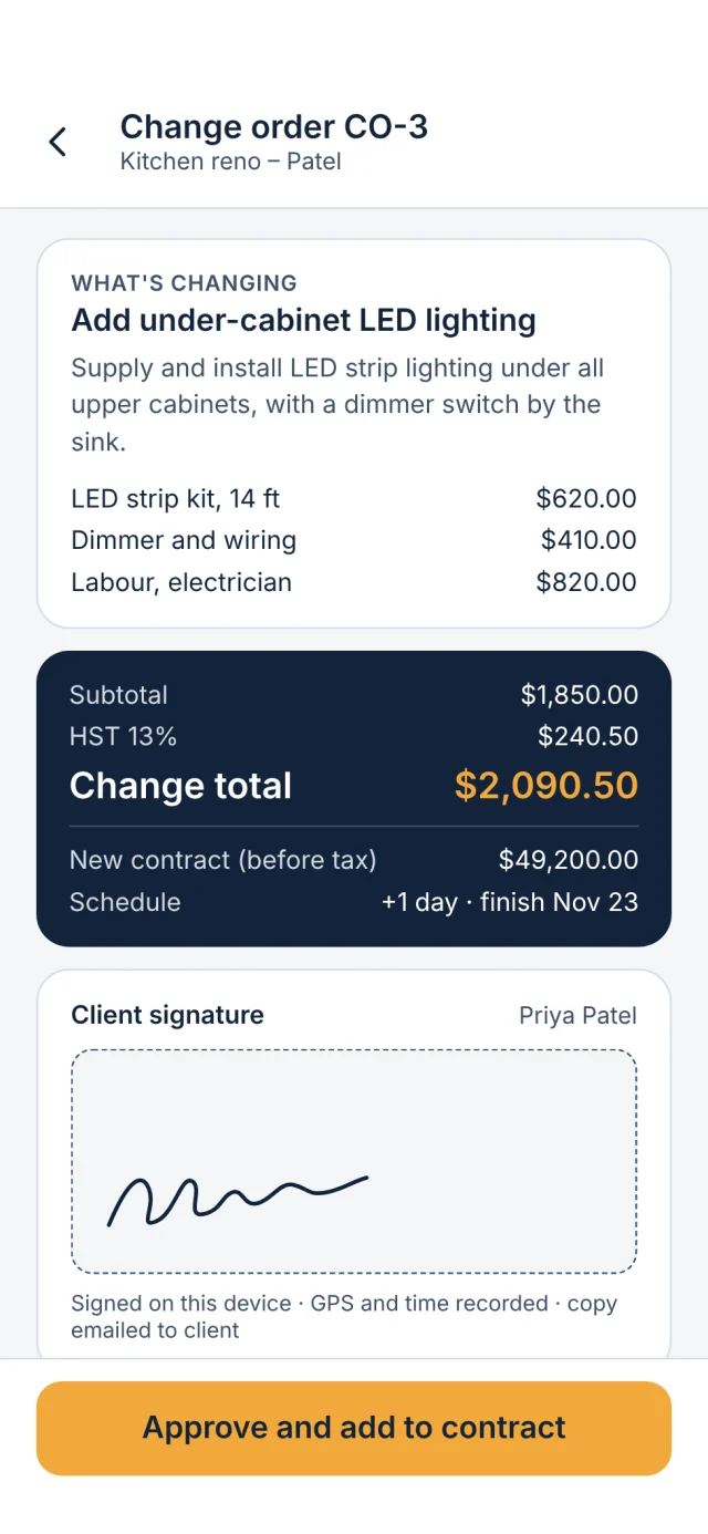 A change order on a phone with a client signature and an Approve button