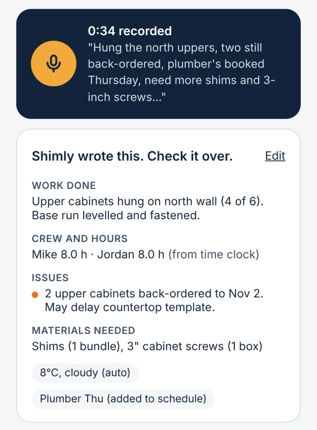 A voice recording turned into a structured daily log: work done, crew and hours, issues, materials